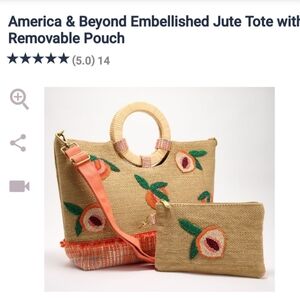 America & Beyond Embellished Jute Tote withRemovable Pouch